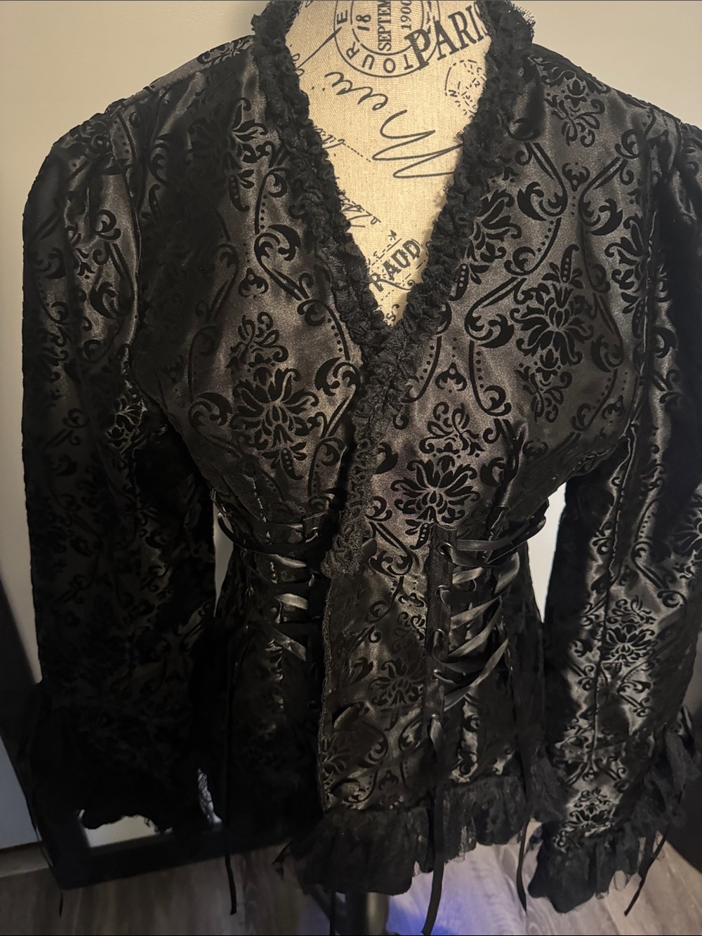 Black Velvet Brocade Goth Vampire Lace-Up Jacket - Women